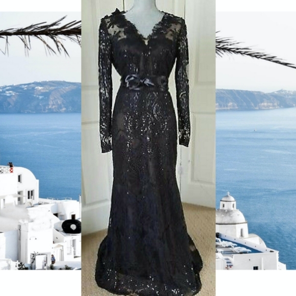 *$1,500.00 MARCHESA NOTTE EXCLUSIVE BLACK LACE BEAD RUNWAY GOWN SIZE US S - Picture 8 of 14